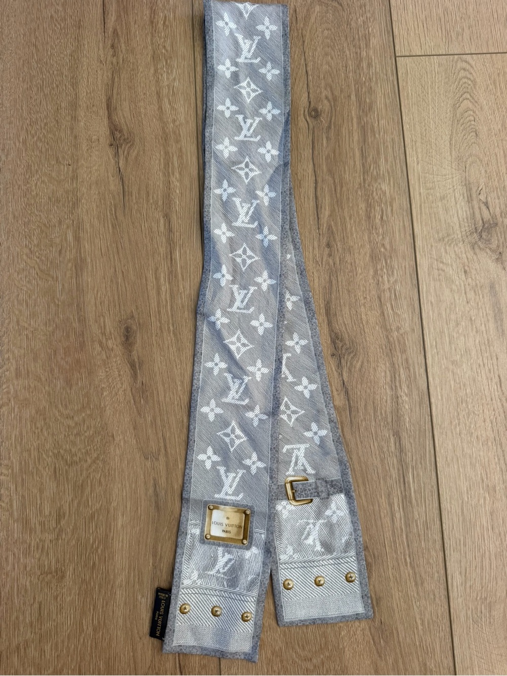 Louis Vuitton Monogram Scarf Twilly in Gray & White